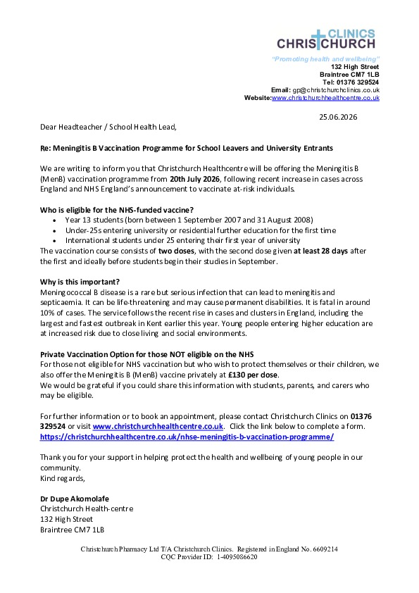 NHSE Meningitis B Vaccination Programme